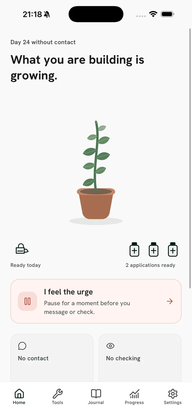 Don't Text Your Ex home screen showing a growing plant, urge action and No Contact progress