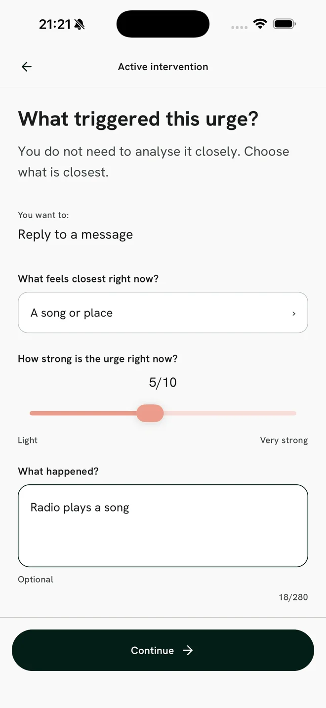 Trigger and urge intensity screen in Don't Text Your Ex